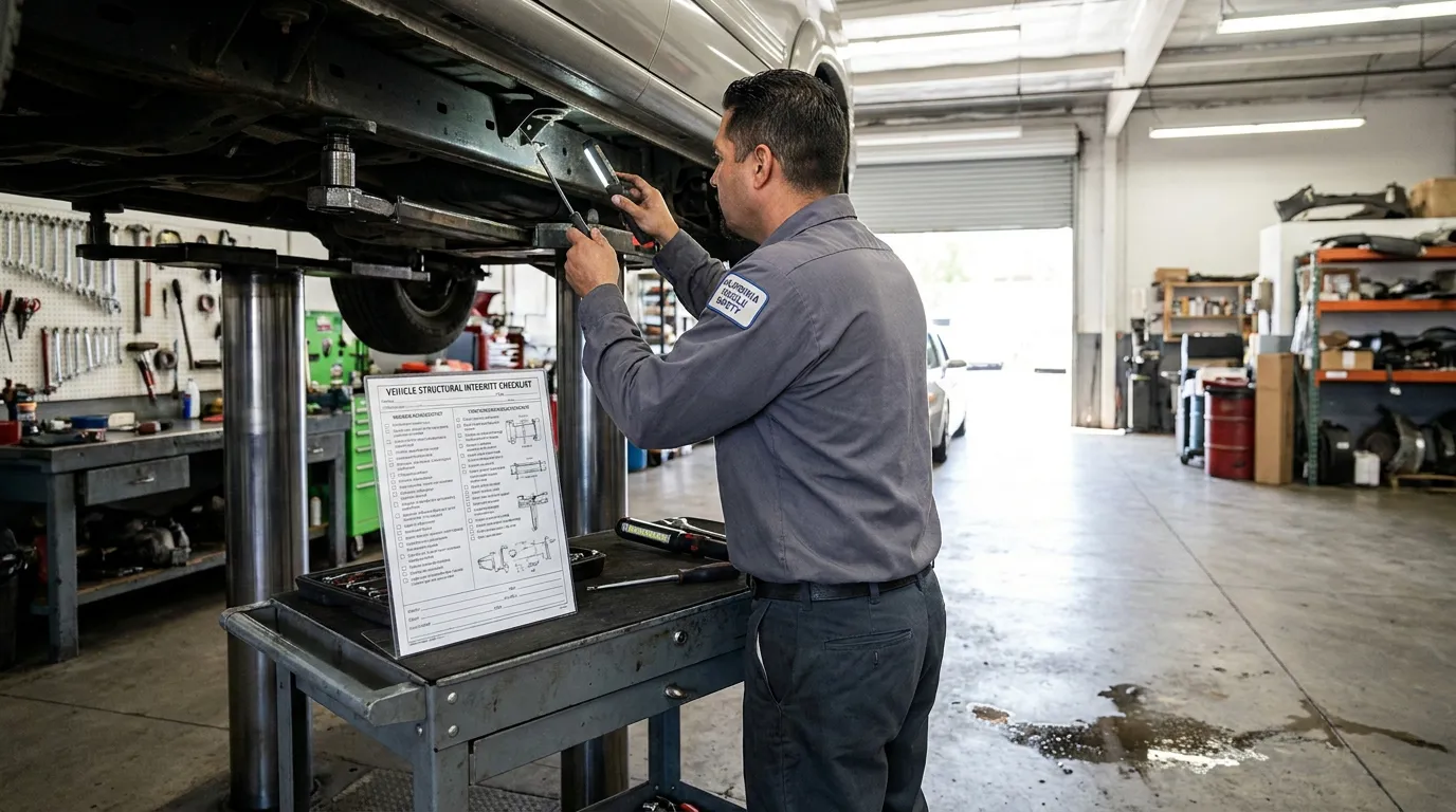 mechanic inspecting raised vehicle undercarriage with Vehicle Structural Integrity Checklist nearby