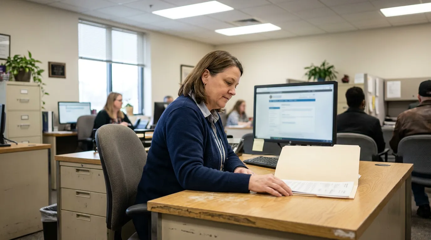 Memphis TennCare Subrogation Lien Case File Review office worker reviewing open manila folder at desk with computer monitor