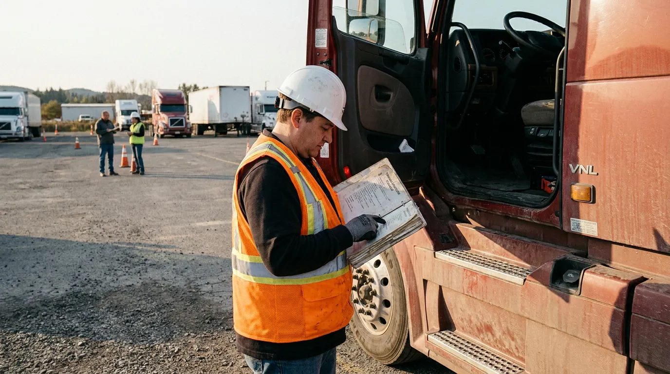 worker in hard hat and safety vest reviewing clipboard beside commercial truck