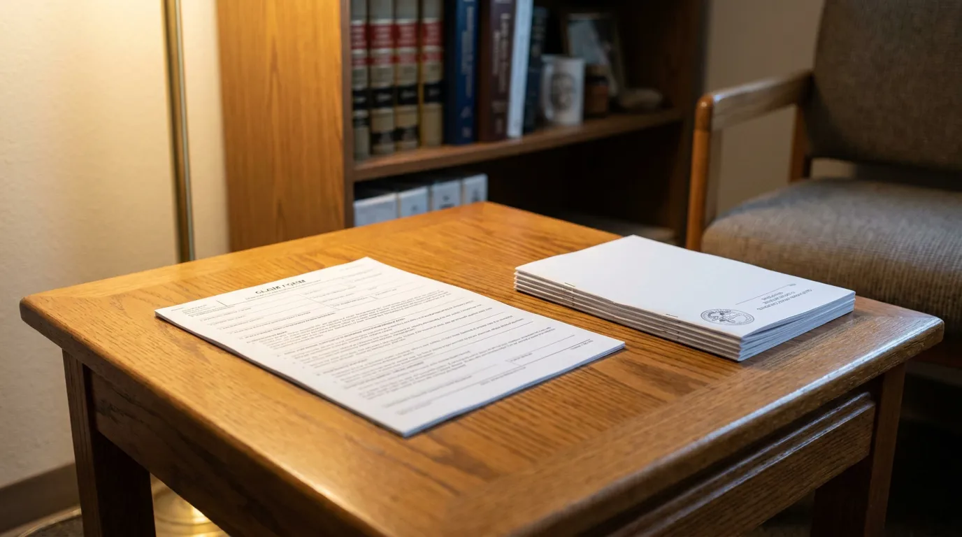 claim form and stacked legal documents on wooden desk beside law bookshelf