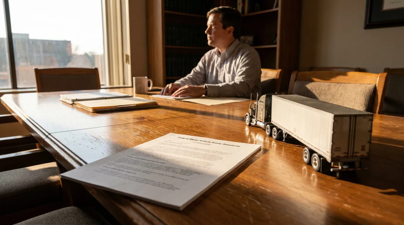 Memphis Attorney Reviewing FMVSS 223 Truck Crash Documents Federal Motor Vehicle Safety Standards document and semi-truck model on conference table