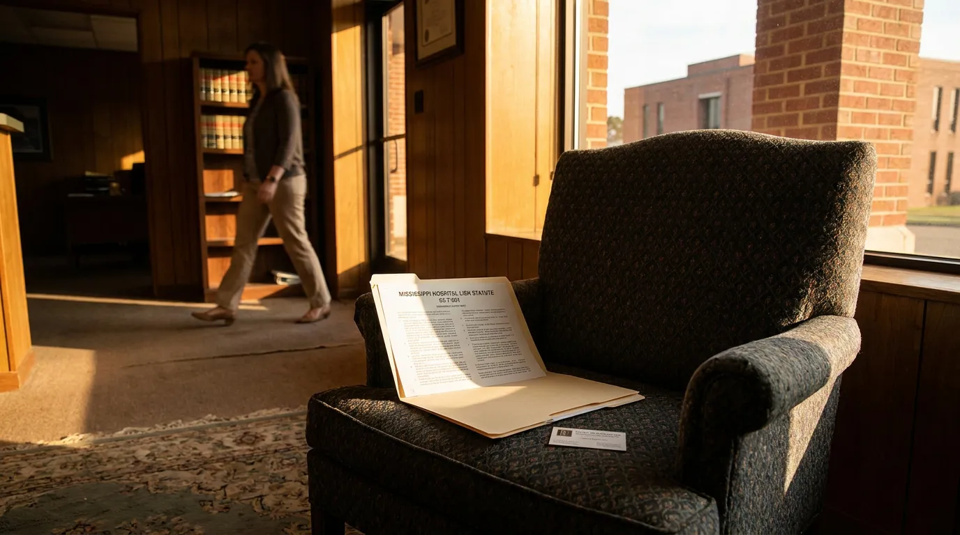 Mississippi Hospital Lien Statute 85-7-301 Tupelo Injury Lawyer Mississippi Hospital Lien Statute document open on chair in law office