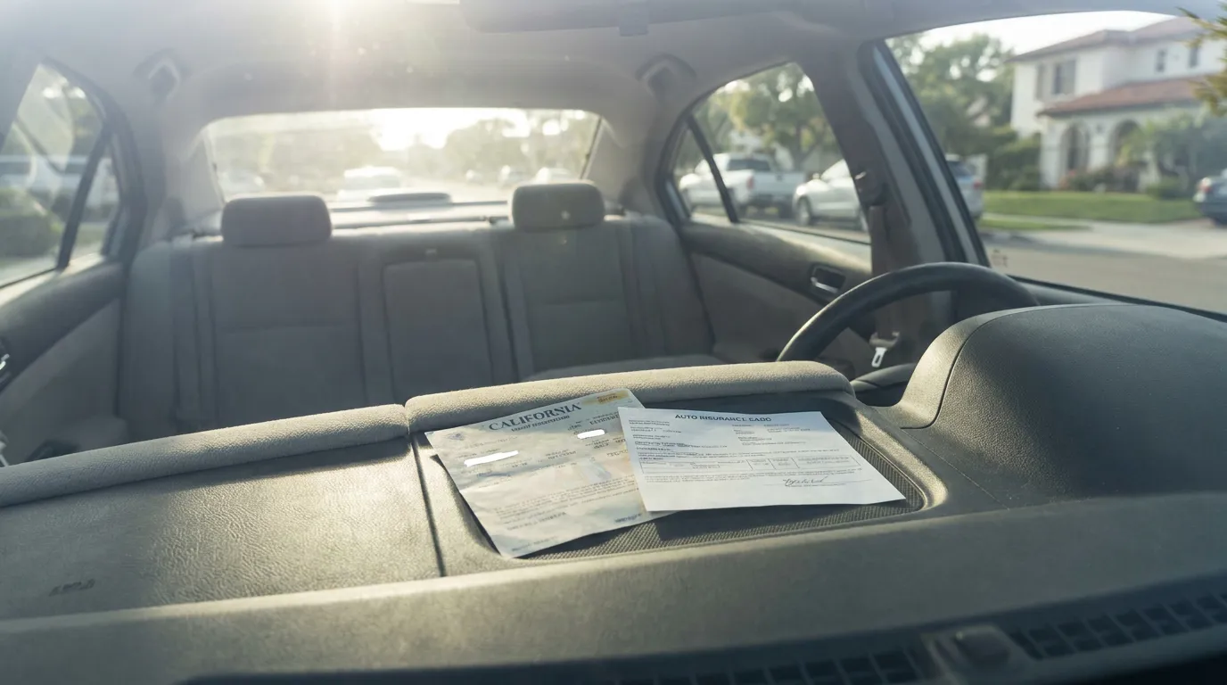 California Auto Insurance Card Newport Beach Car Owner Liability California auto insurance card and document resting on vehicle dashboard