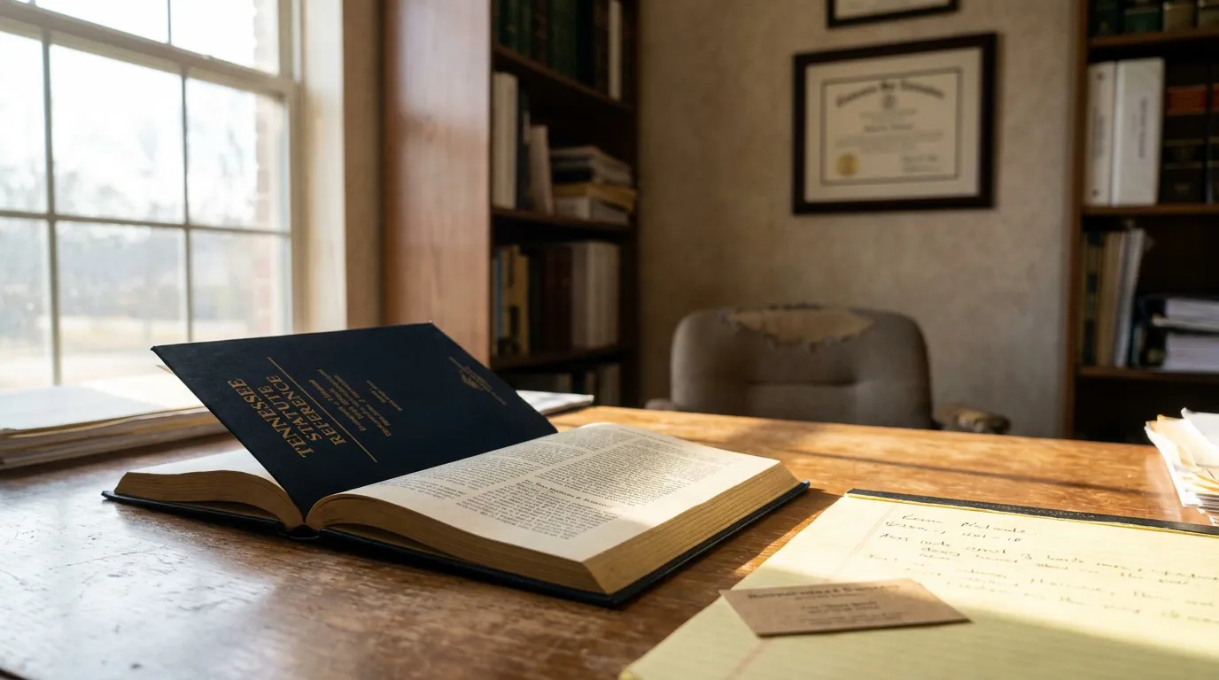 Tennessee Statute Reference book open on attorney desk with framed diploma