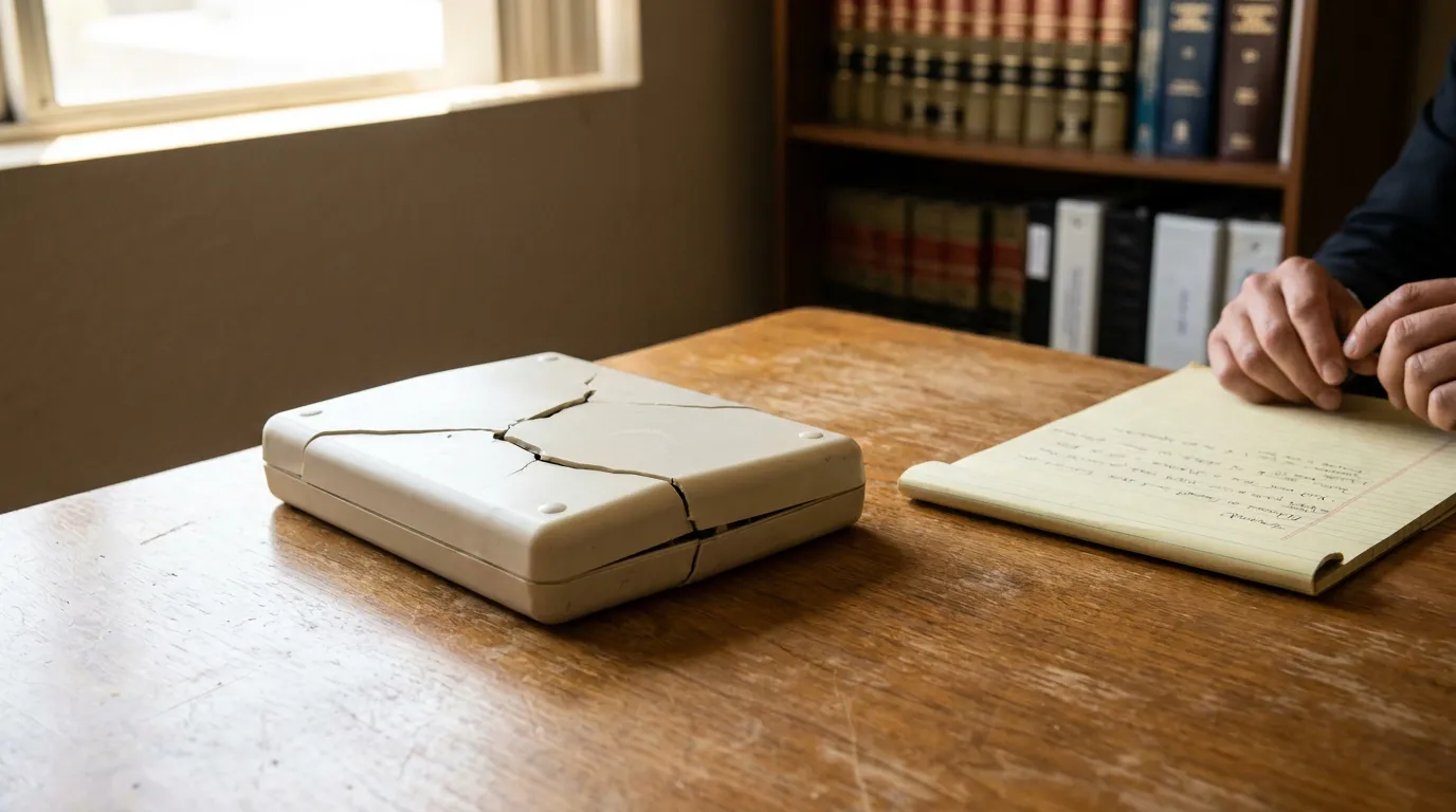 Defective Product on Newport Beach Lawyer Desk CACI 1203 cracked laptop on wooden desk beside legal notepad and law books