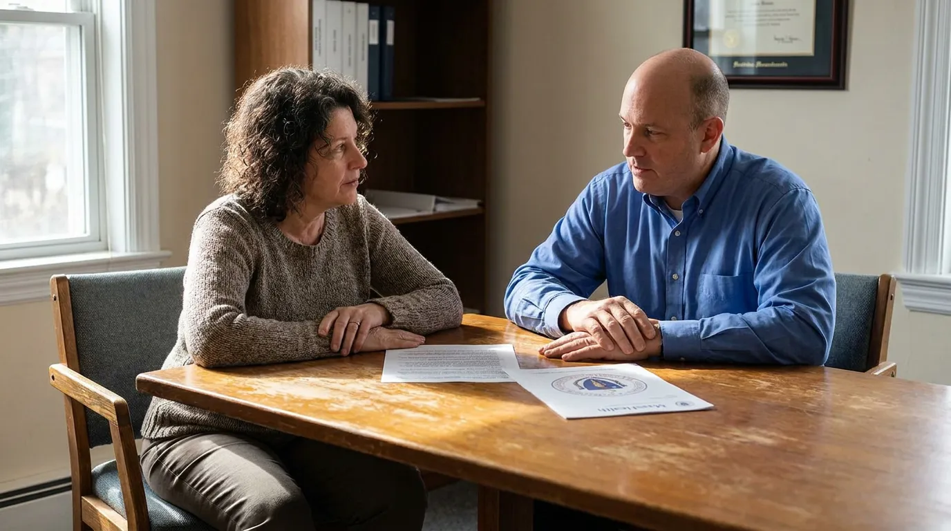 Foxborough Attorney Reviewing MassHealth Lien Car Accident Settlement two people seated at office table reviewing MassHealth document with framed certificate on wall