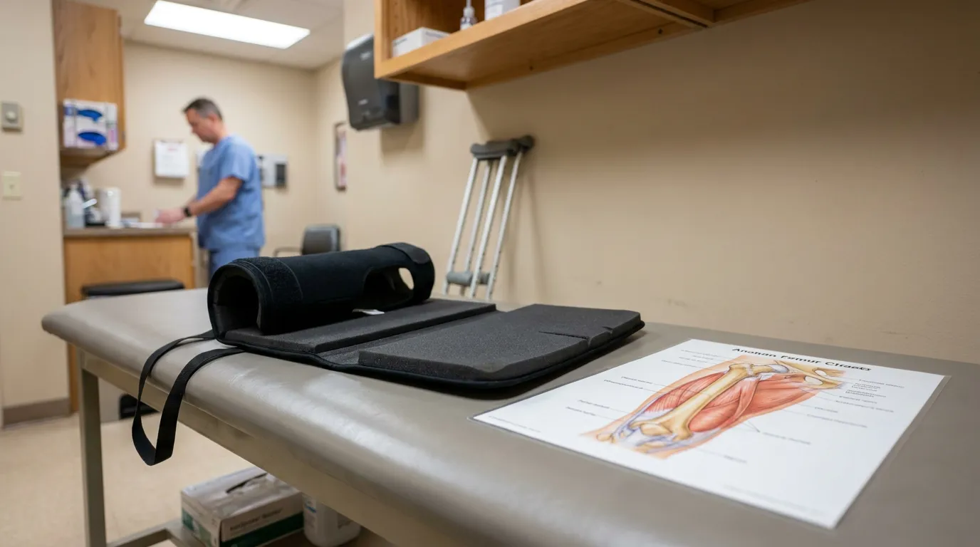 medical exam table with knee brace, anatomy chart, and crutches in clinic