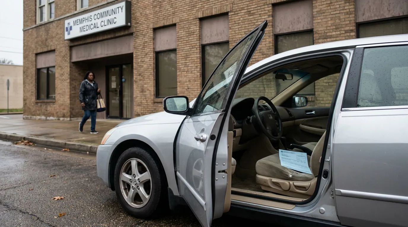 Car Parked Outside Memphis Community Medical Clinic After Accident car with open door parked outside Memphis Community Medical Clinic building