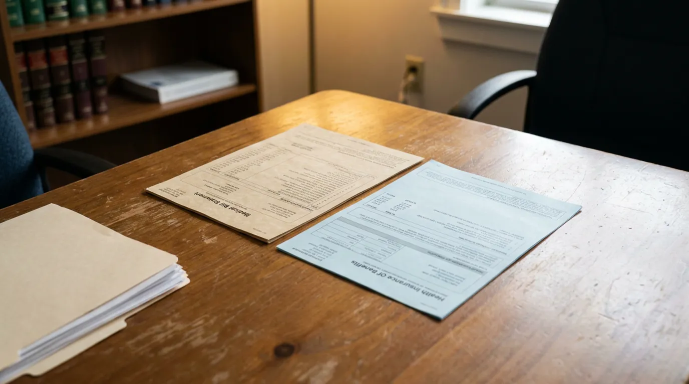 Medical Bill and Insurance Documents Indianapolis Personal Injury Law Office Medical Bill Statement and Health Insurance Of Benefits documents on law office desk