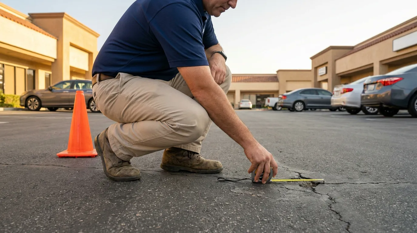 Inspector Measuring Pavement Crack Newport Beach Premises Liability man crouching with tape measure inspecting cracked pavement in commercial parking lot
