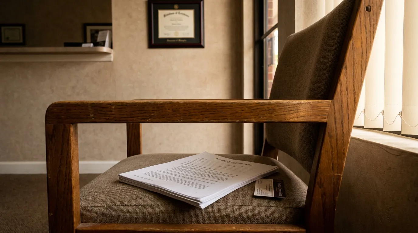 Memphis Wrongful Death Legal Documents in Law Office Wrongful Death claim documents and business card resting on wooden office chair near framed law degree