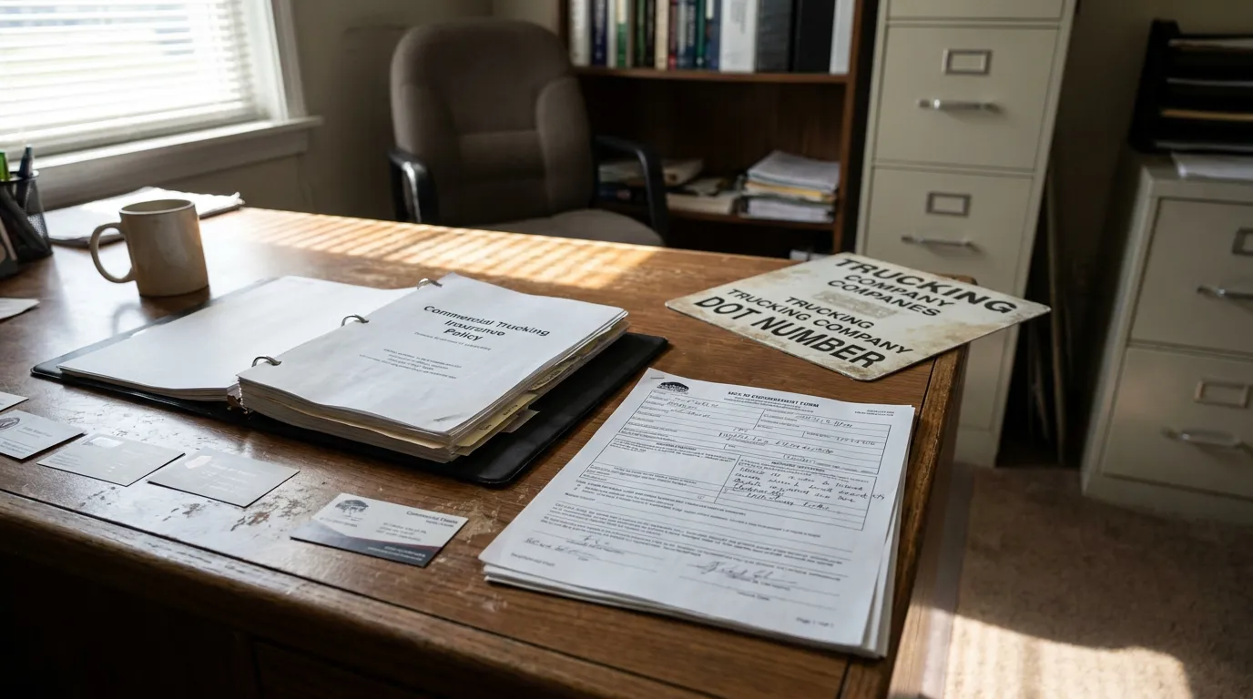 MCS-90 Endorsement Form and Commercial Trucking Insurance Policy Indianapolis Commercial Trucking Insurance Policy binder and DOT Number sign on office desk