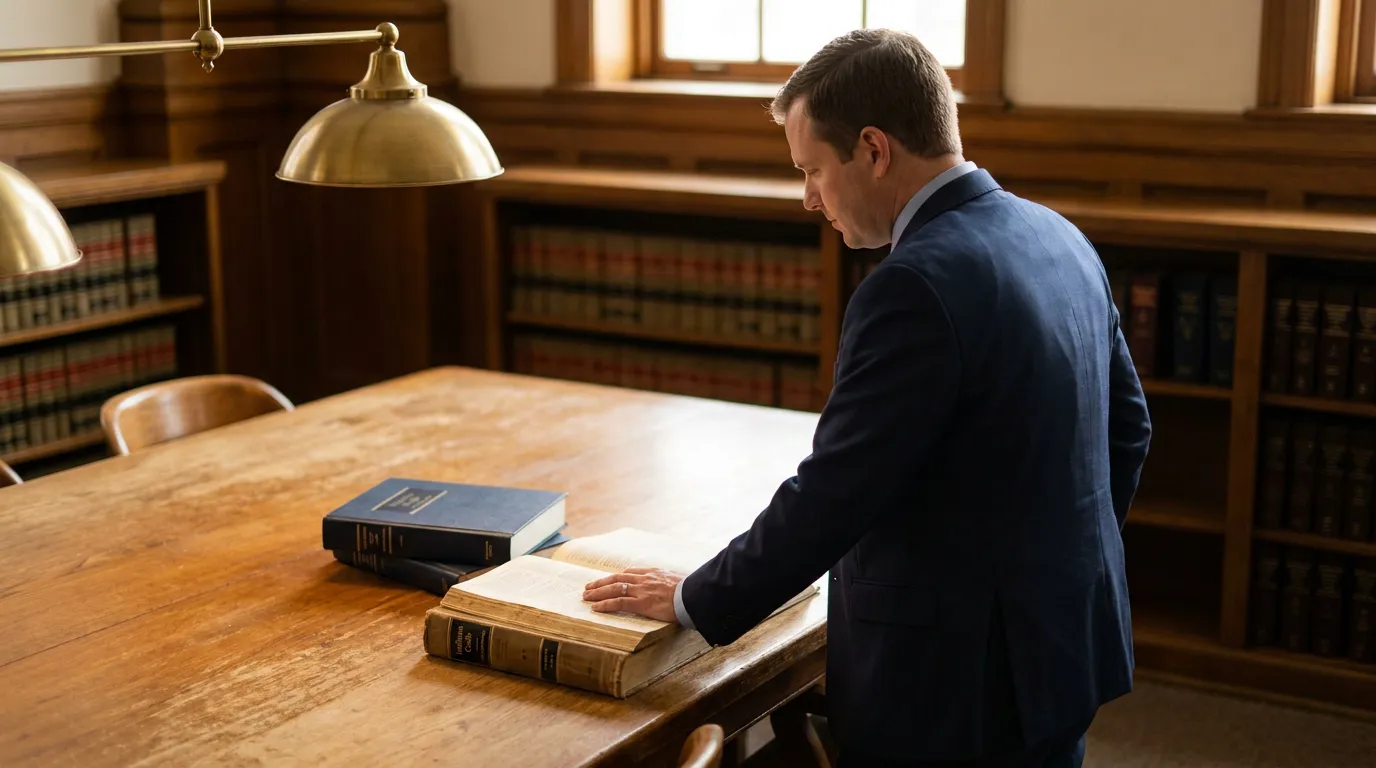 Indianapolis Attorney Reviewing Indiana Code Seat Belt Evidence Law suited attorney reviewing open legal volumes at wood table in law library