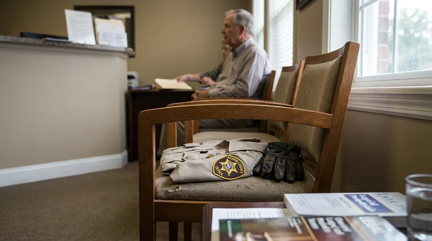 Rankin County Deputy Uniform at Jackson Mississippi Attorney Office folded Rankin County sheriff uniform with badge patch resting on office waiting room chair