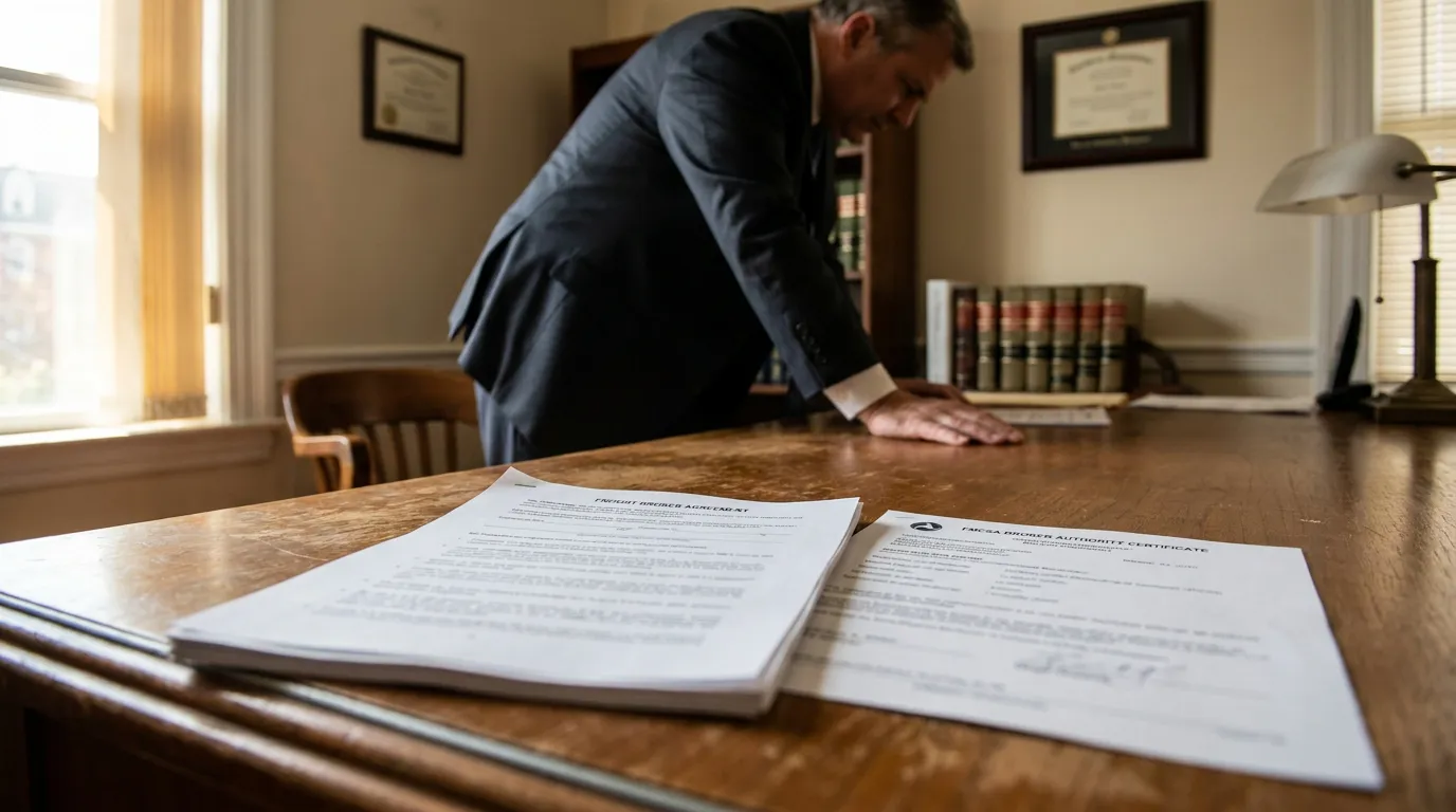 Worcester Attorney Reviewing Freight Broker Agreement and FMCSA Certificate attorney leaning over desk with Freight Broker Agreement and FMCSA Broker Authority Certificate documents
