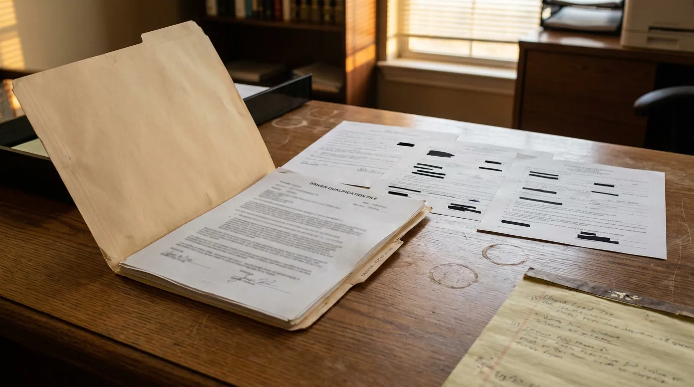 Memphis Truck Crash Driver Qualification File Negligence Evidence open Driver Qualification File folder with redacted legal documents on wooden desk