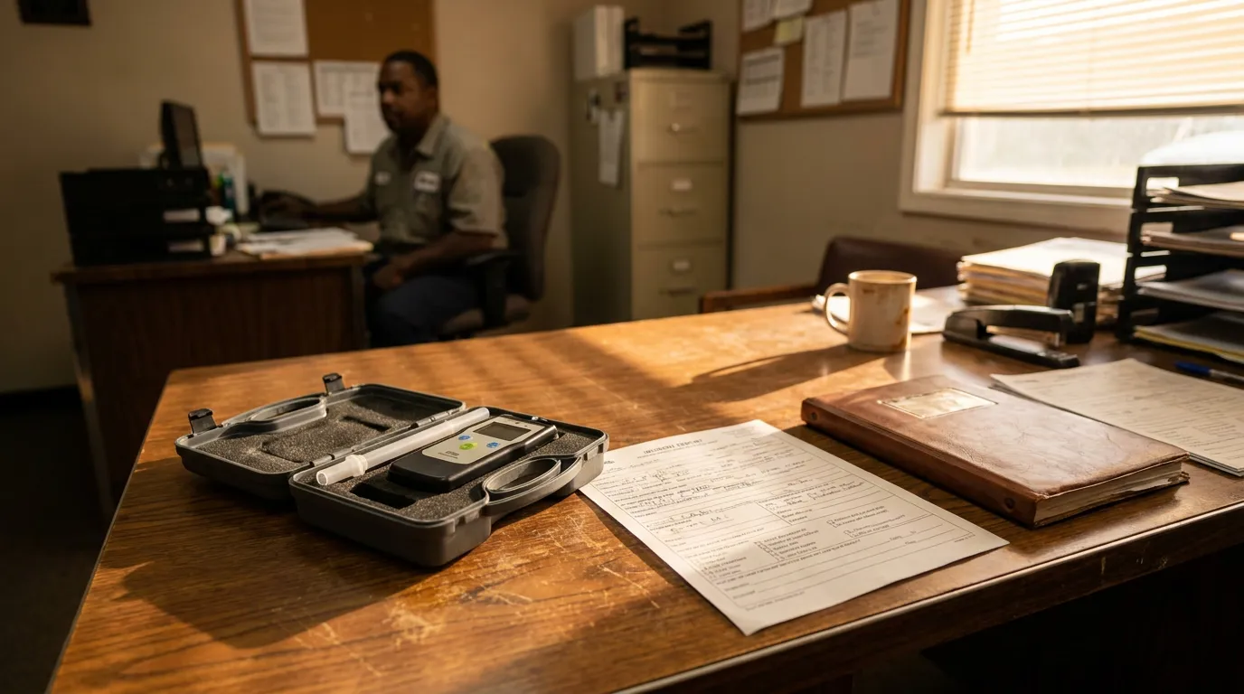 Memphis Truck Driver Post-Accident DOT Alcohol Test Kit breathalyzer device in open case beside incident report form on office desk