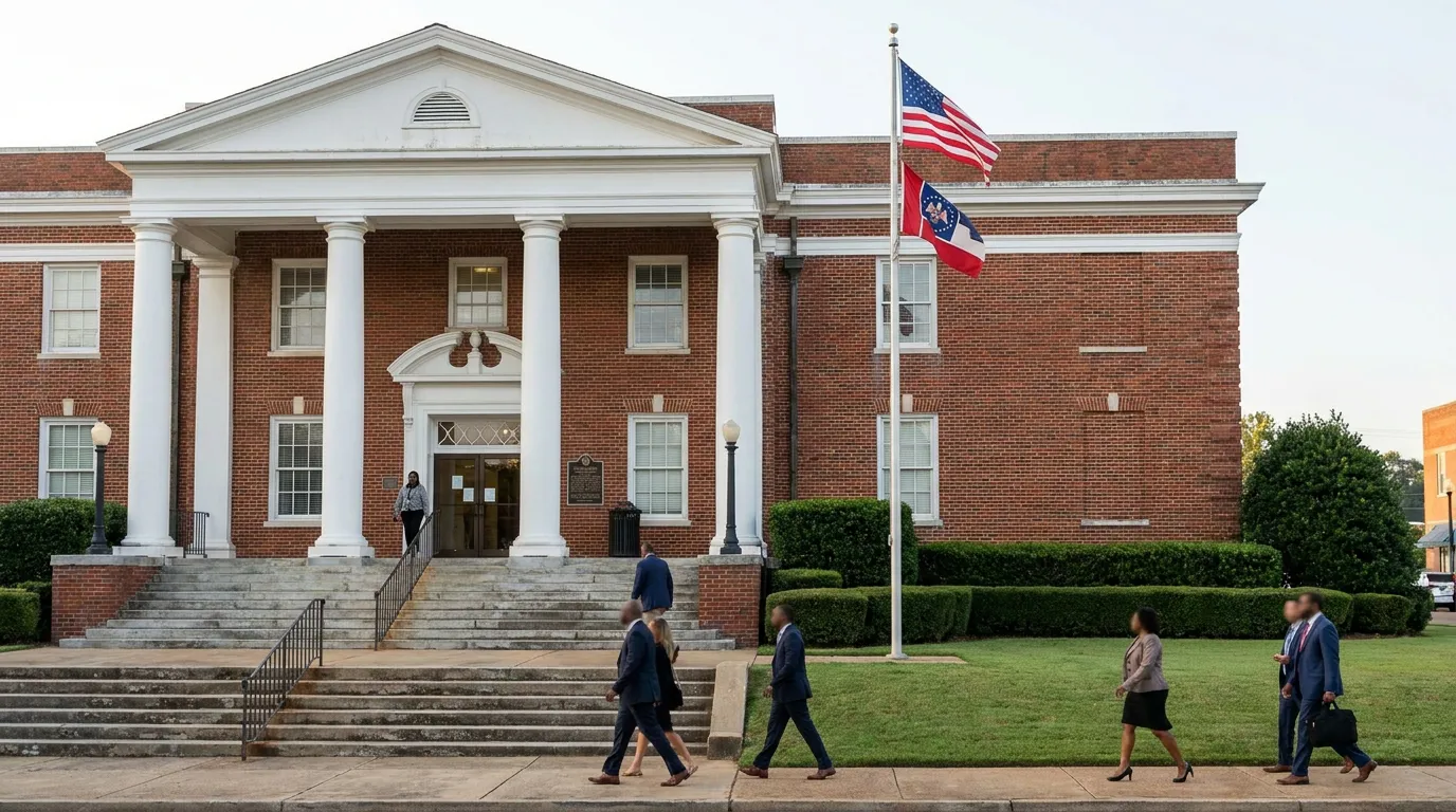 Tupelo Mississippi Courthouse Punitive Damages Cap Law professionals in business attire walking outside brick courthouse with American flag