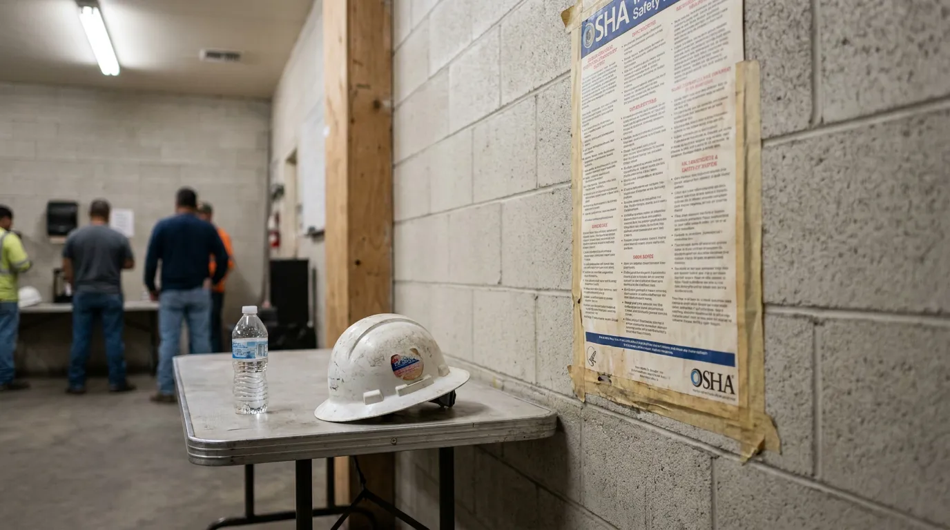 construction hard hat on table beside OSHA Safety poster on worksite wall