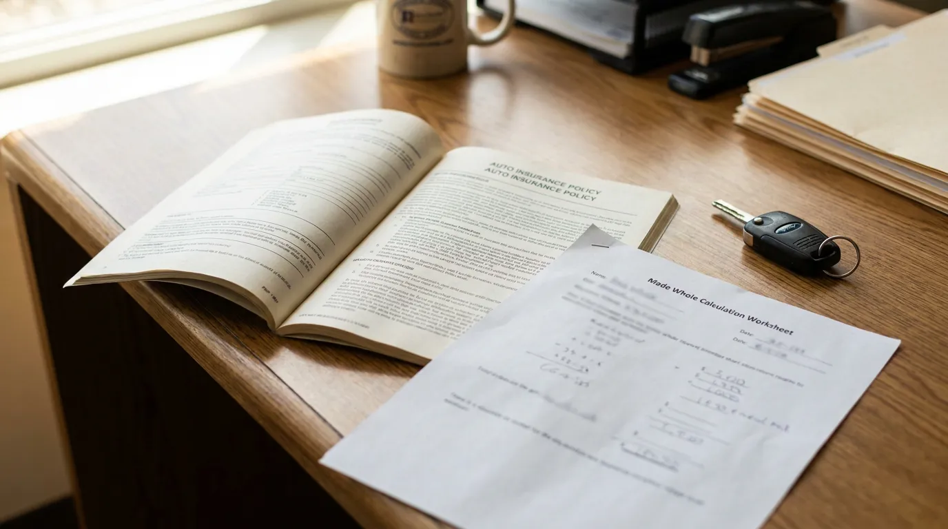 Richland PIP Subrogation Made Whole Doctrine Worksheet open auto insurance policy booklet beside Made Whole Calculation Worksheet and car key