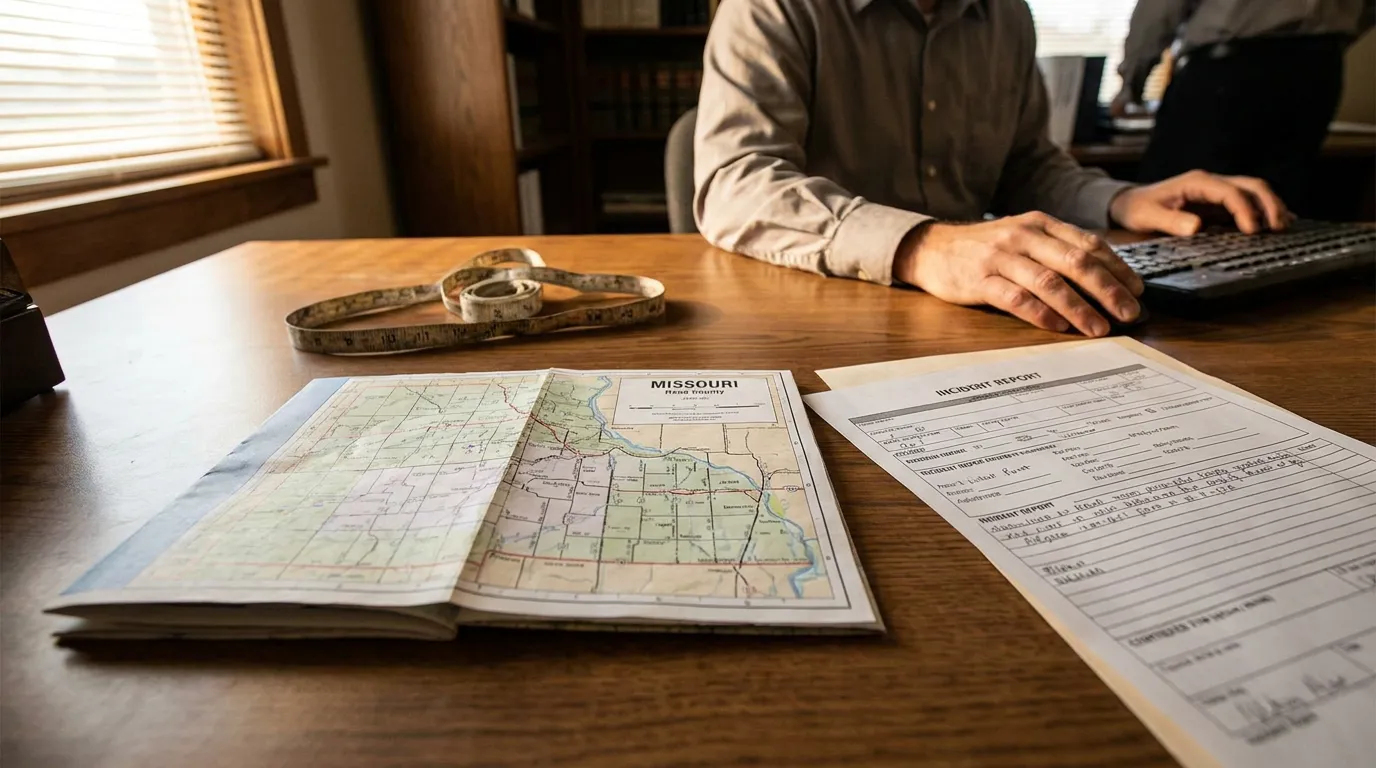 Missouri road county map and incident report on attorney's desk with measuring tape