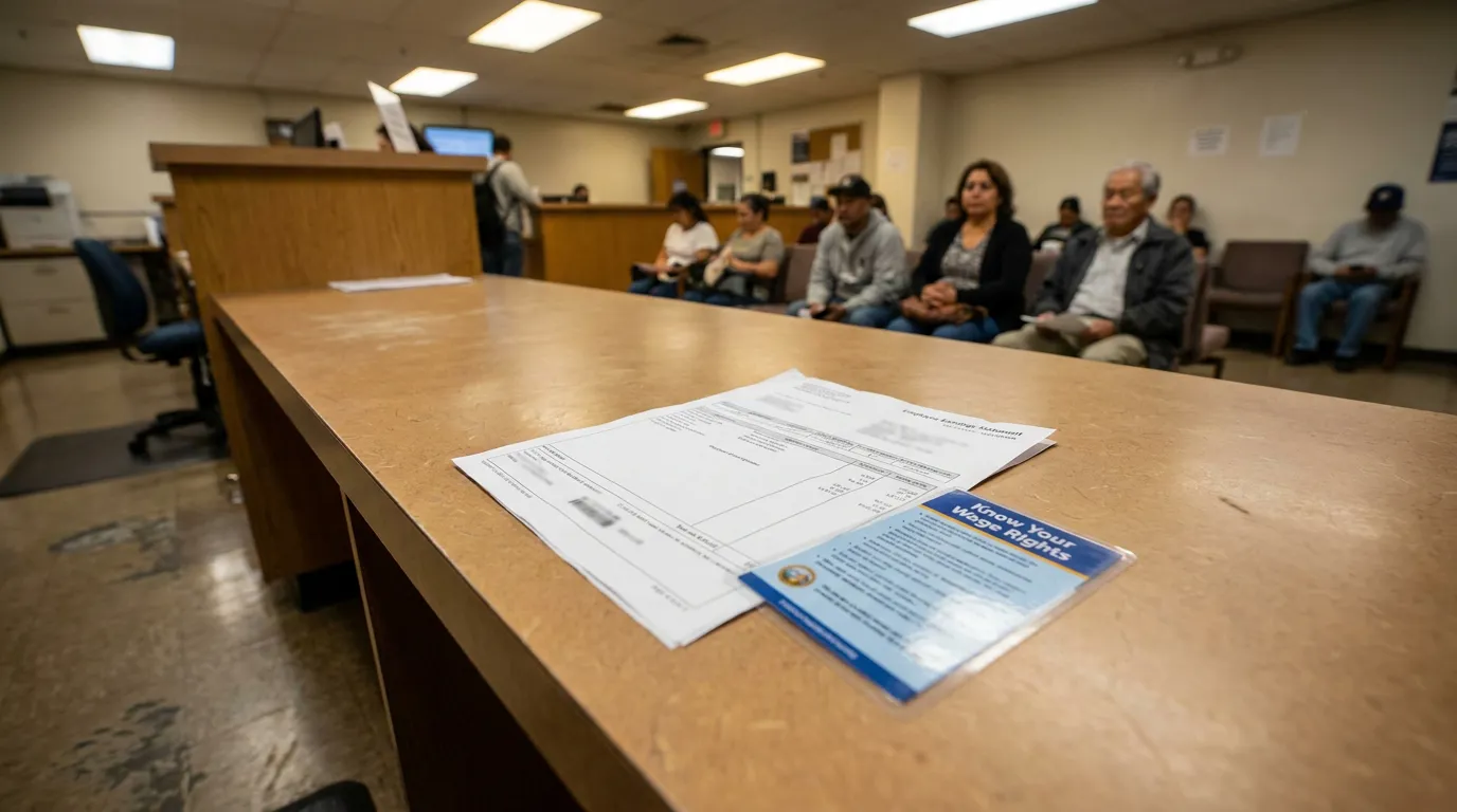 Los Angeles Workers Wage Rights Hearing Illegal Paycheck Deductions Know Your Wage Rights brochure and documents on counter with workers seated in background