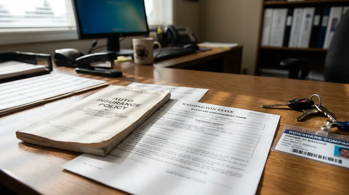 Washington State Rideshare Insurance Policy Documents Richland Auto insurance policy, Washington State rideshare endorsement form, driver ID badge, and car keys on desk