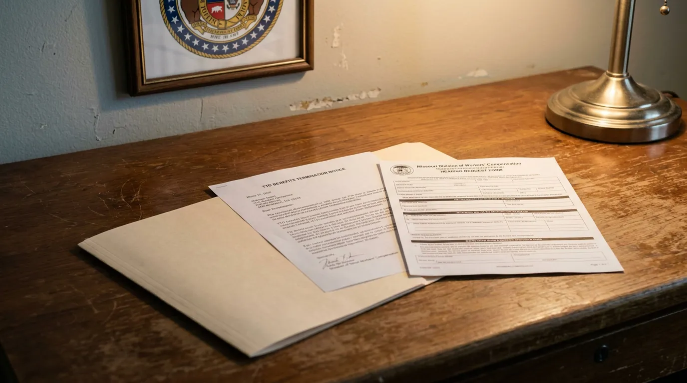 Kansas City Missouri TTD Benefits Termination Hardship Hearing Request Form TTD Benefits Termination Notice and Missouri Division of Workers Compensation Hearing Request Form on wooden desk