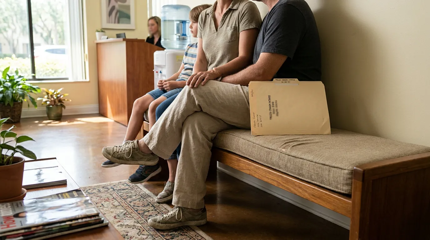 Florida Truck Crash Family Waiting at Law Firm family seated in law office waiting area with truck crash intake folder