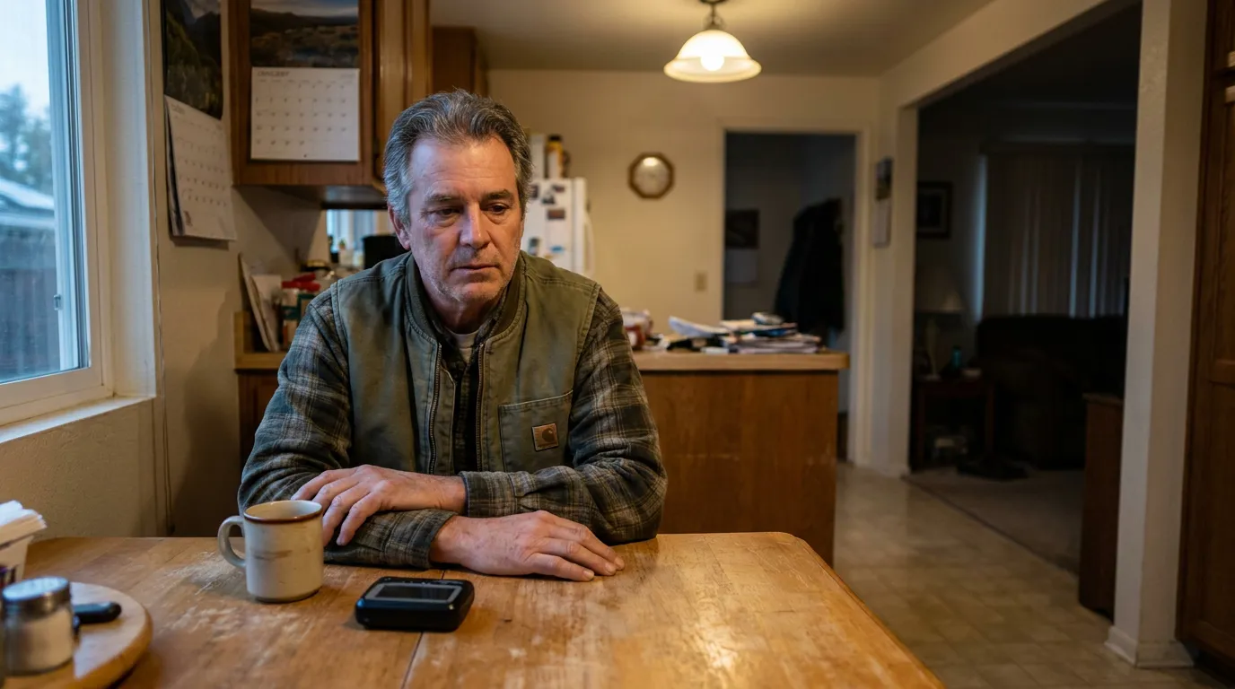 middle-aged man sitting alone at kitchen table with coffee mug and phone