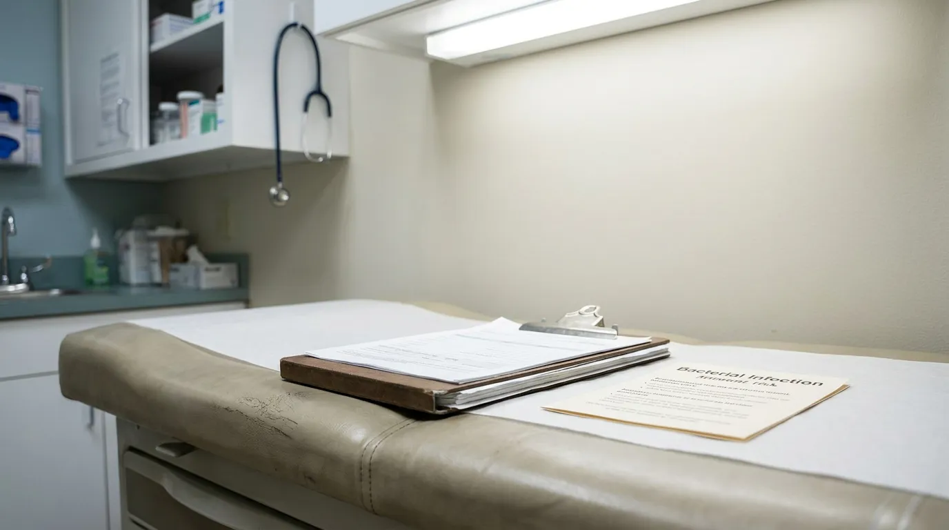 medical exam table with clipboard and bacterial infection document in clinic