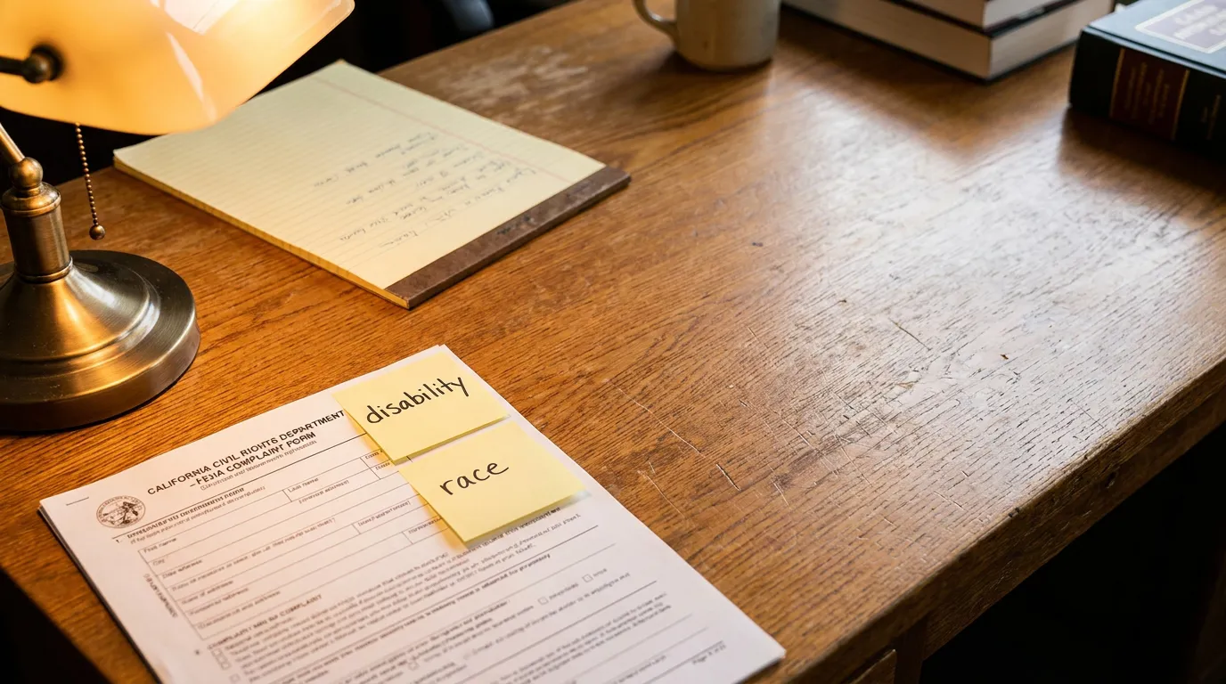 California CRD FEHA Complaint Form Combined Protected Traits Los Angeles California Civil Rights Department FEHA complaint form with sticky notes reading disability and race