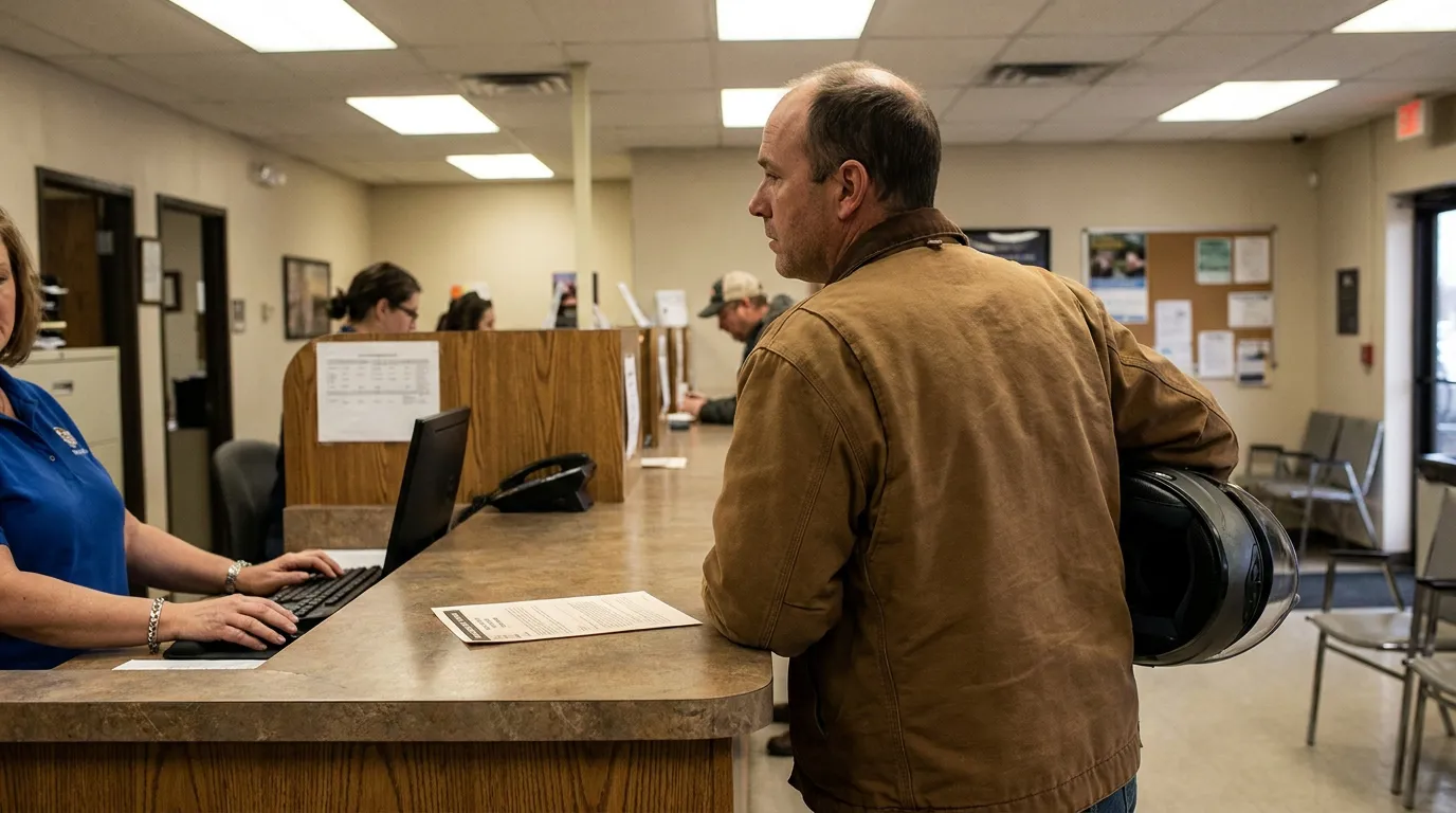 Kansas City Rider Applying for Missouri Motorcycle Instruction Permit worker holding hard hat standing at front desk speaking with staff member
