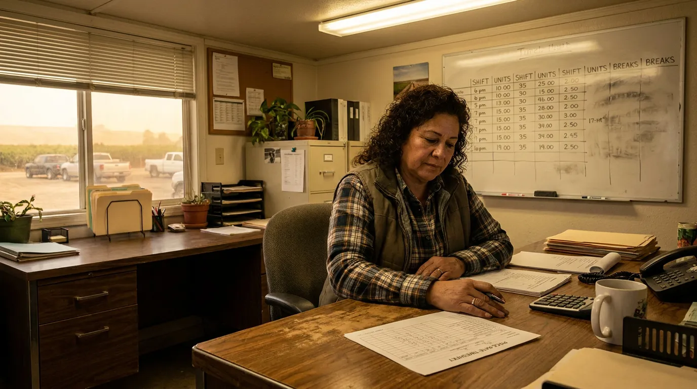 California Piece Rate Employee Calculating Rest Break Pay woman reviewing wage timesheet at desk with shift schedule whiteboard behind her