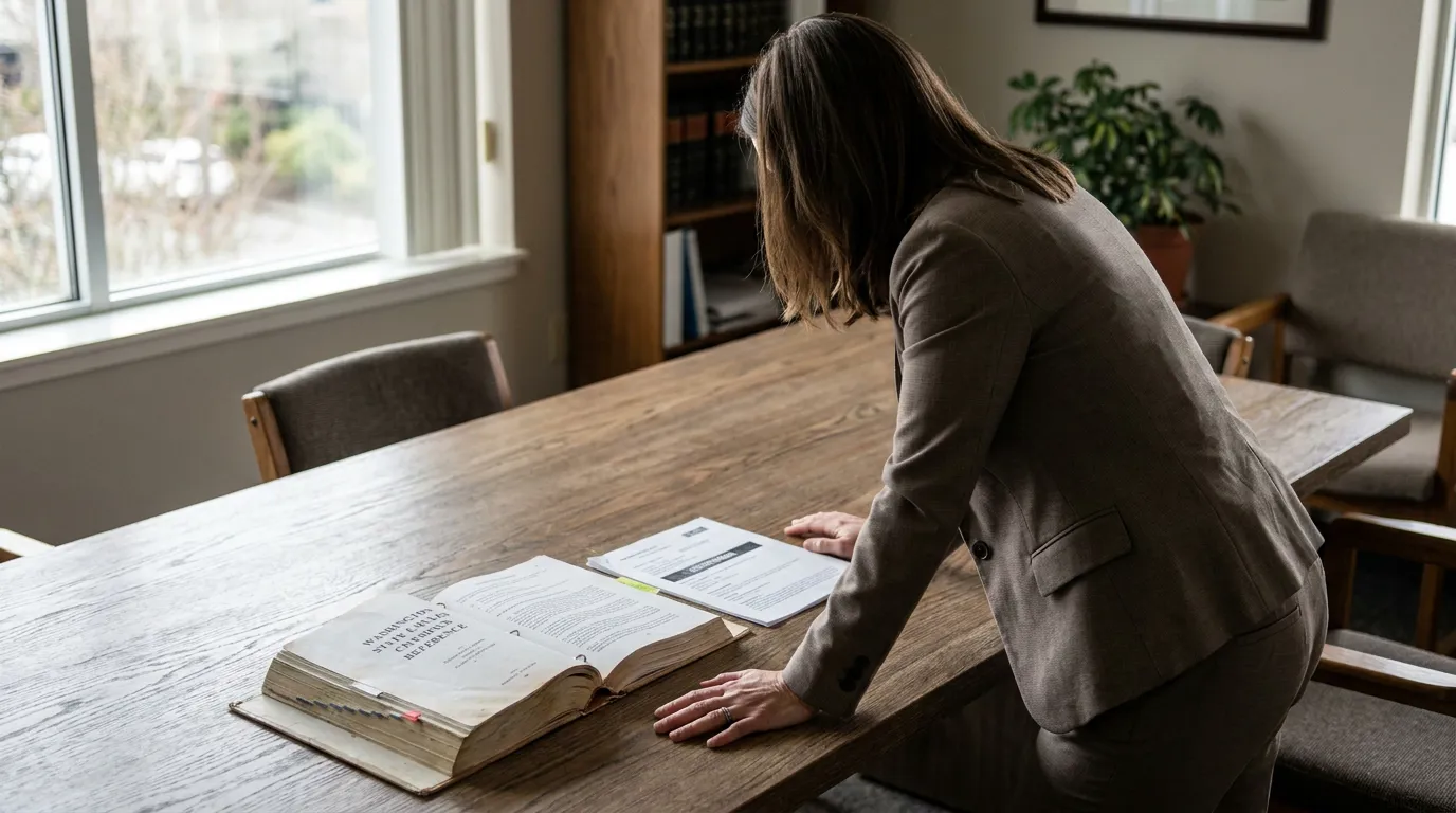 Richland Attorney Reviewing CR 35 Defense Medical Exam Documents attorney leaning over conference table reviewing Washington State Criminal Reference book