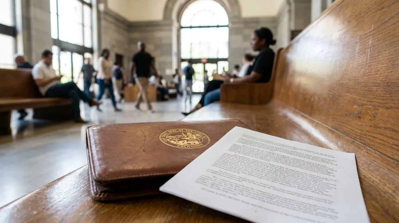 California AB 250 Sexual Assault Revival Window Legal Document Los Angeles Courthouse California state seal leather folder and legal document on courthouse bench