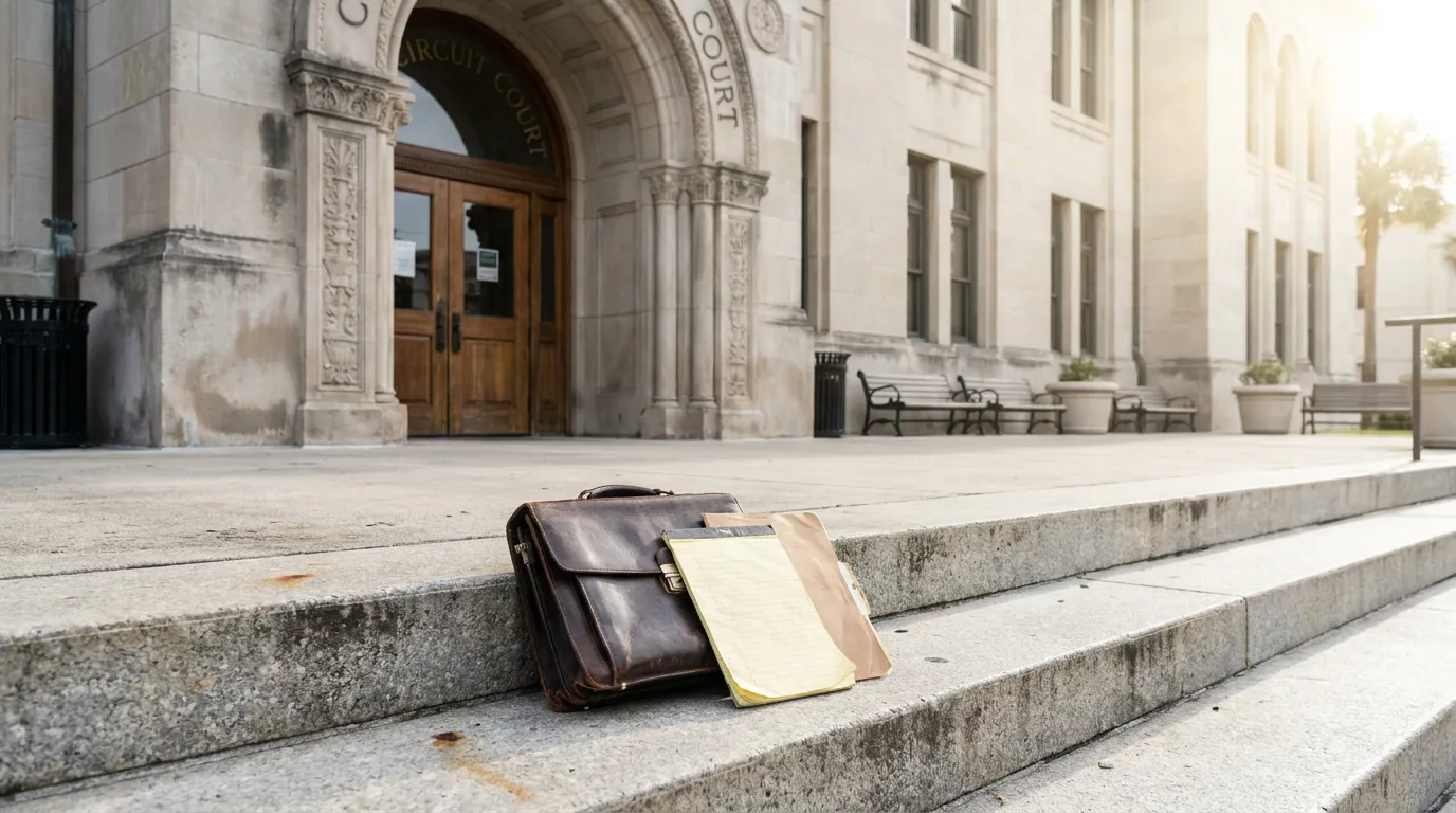 leather briefcase and legal folders resting on Circuit Court building steps