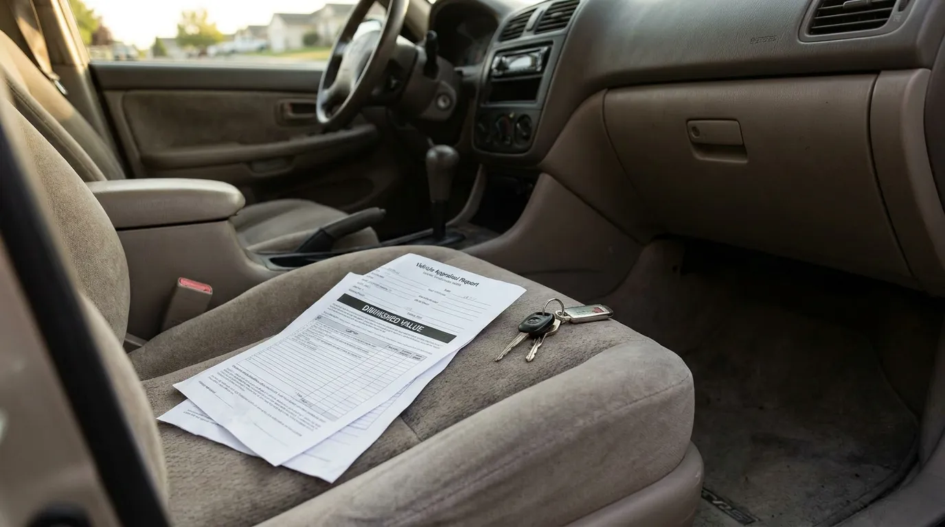 Vehicle Appraisal Report with Diminished Value form and car keys on passenger seat
