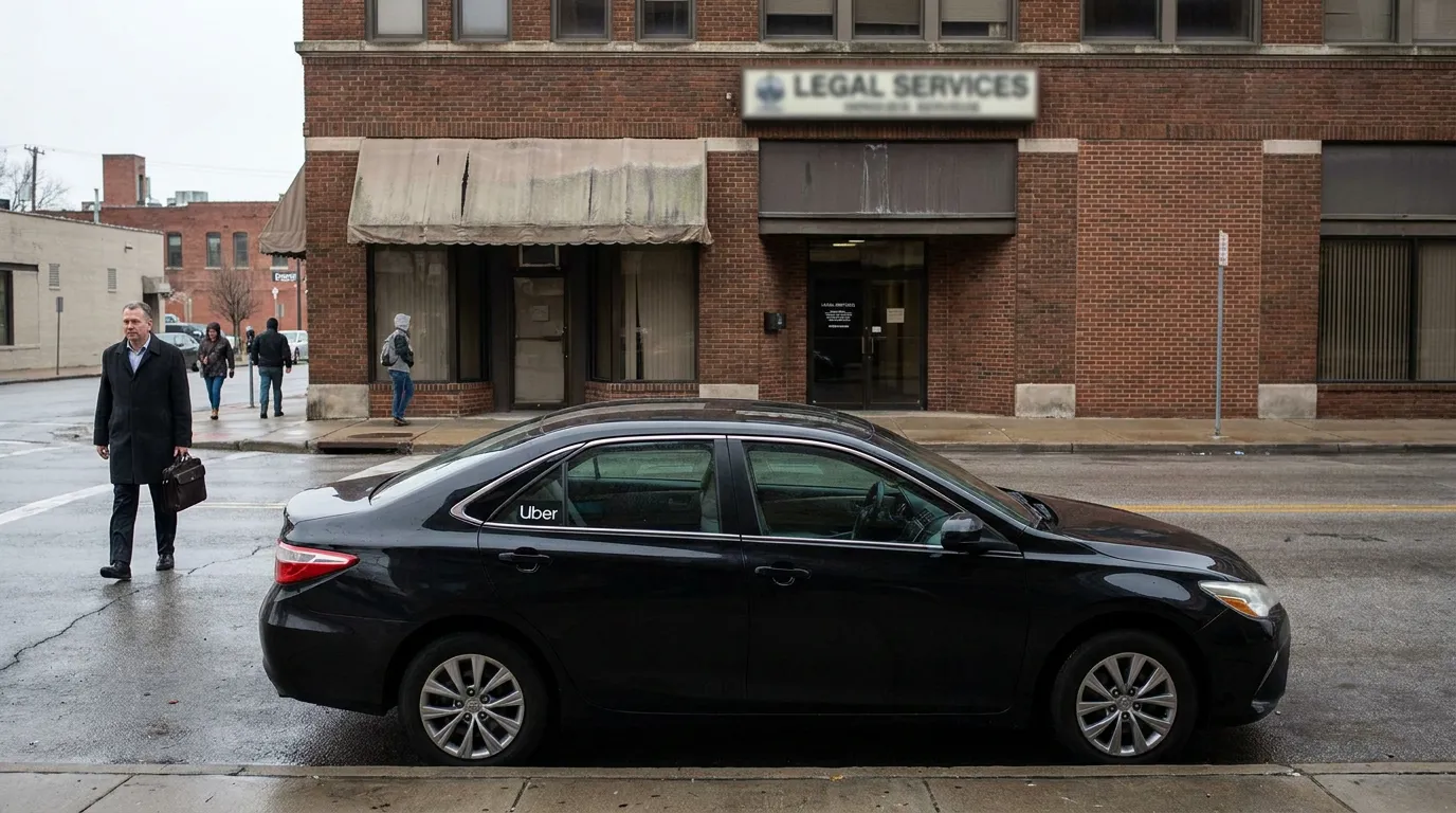 Uber vehicle parked outside Legal Services building with pedestrian carrying briefcase