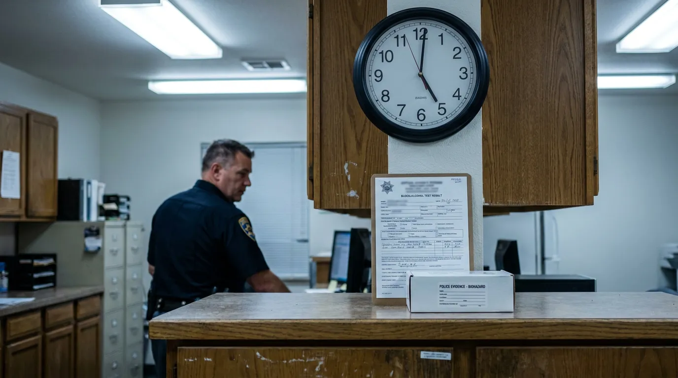 police officer at station desk with blood alcohol test result form and evidence biohazard box