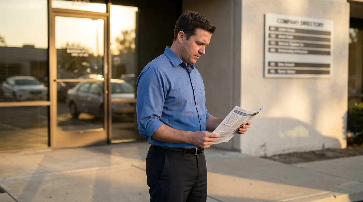 man reading documents outside office building with company directory sign