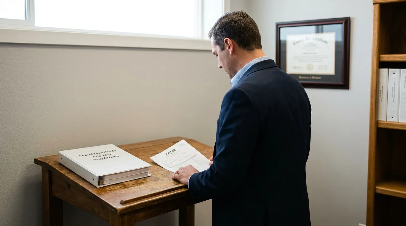 attorney reviewing DVIR document beside Washington State Trucking Regulations binder in office