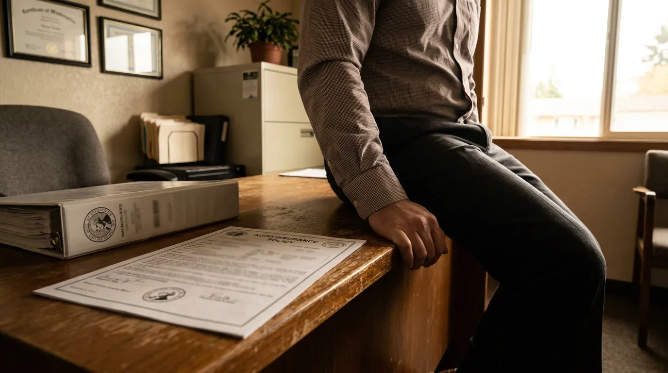 auto insurance policy document on desk beside binder in professional office