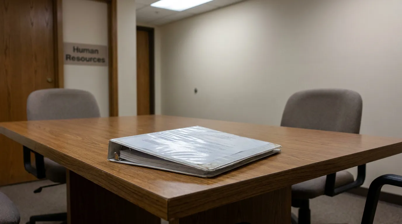 Los Angeles HR Office Evidence Binder Sexual Harassment Case document binder on conference table inside Human Resources office room