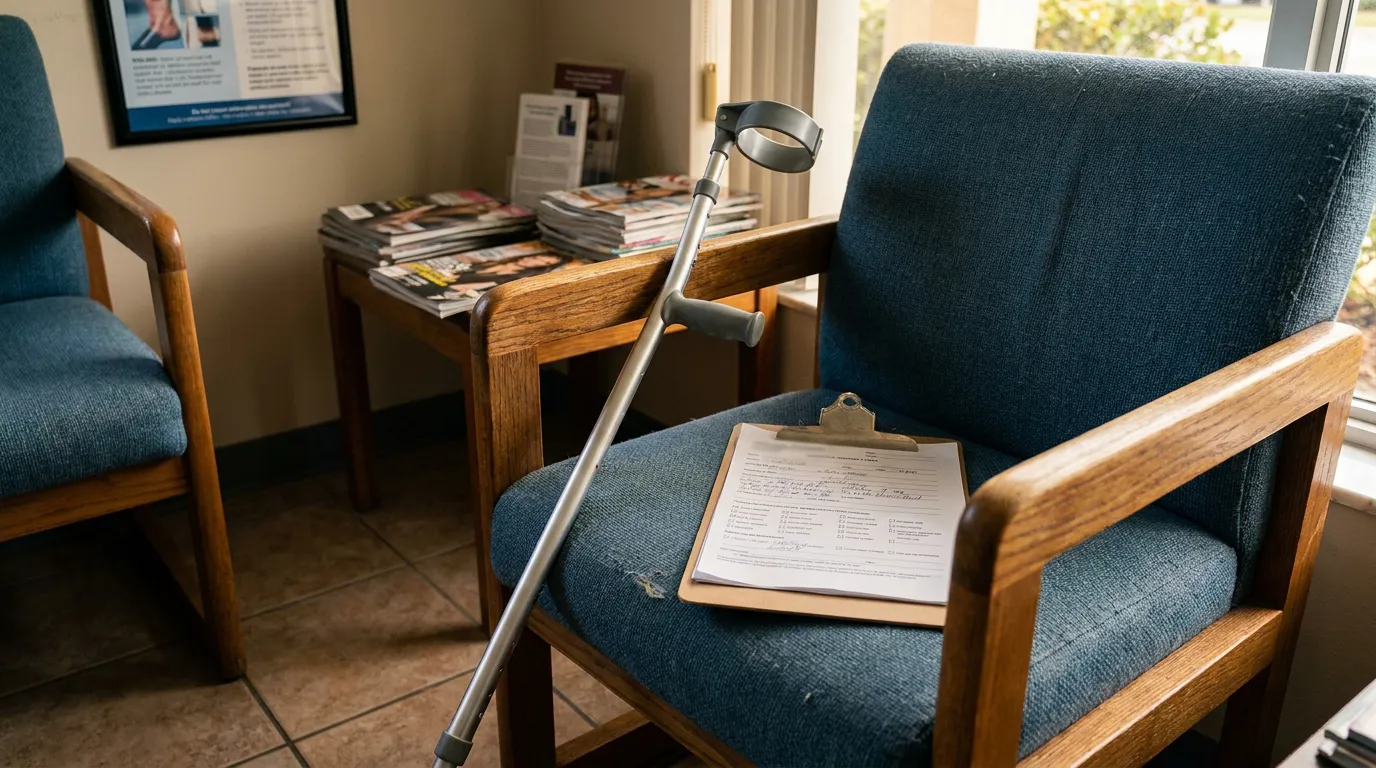 forearm crutch leaning against waiting room chair with medical clipboard form