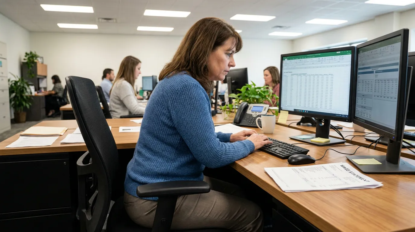 Los Angeles Employee Reviewing Wage Statement Labor Code 226 Penalties office worker reviewing spreadsheet on dual monitors with wage statement document on desk