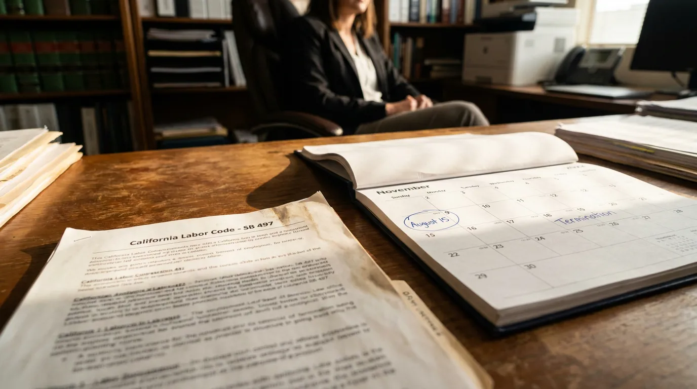SB 497 California Labor Code 90-Day Retaliation Presumption Attorney California Labor Code SB 497 document beside calendar marked Termination on attorney desk
