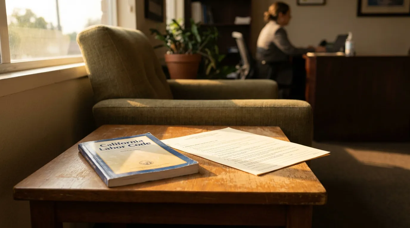 California Labor Code Book Los Angeles Worker Classification Consultation California Labor Code book and legal documents on wooden table in law office