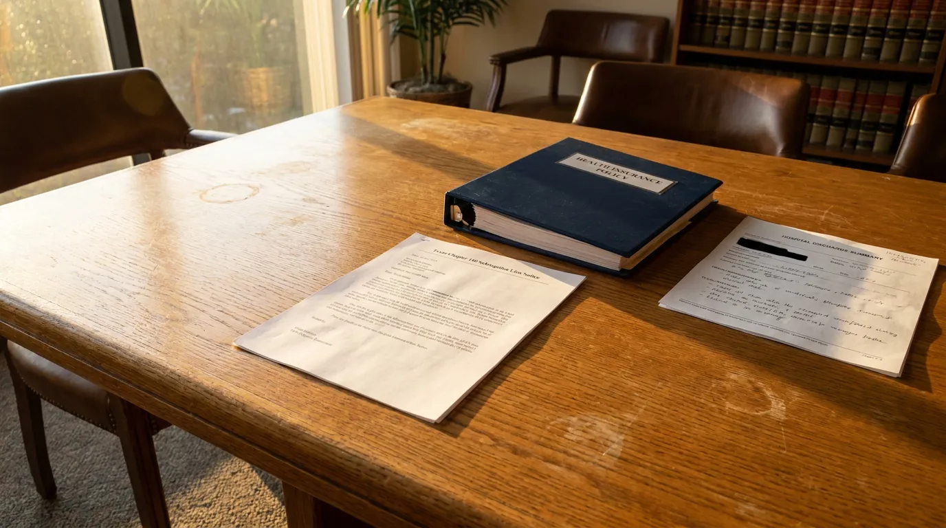 Texas Chapter 140 Health Insurance Subrogation Lien Notice Houston Health Insurance Policy binder, subrogation lien notice, and hospital discharge summary on law office desk