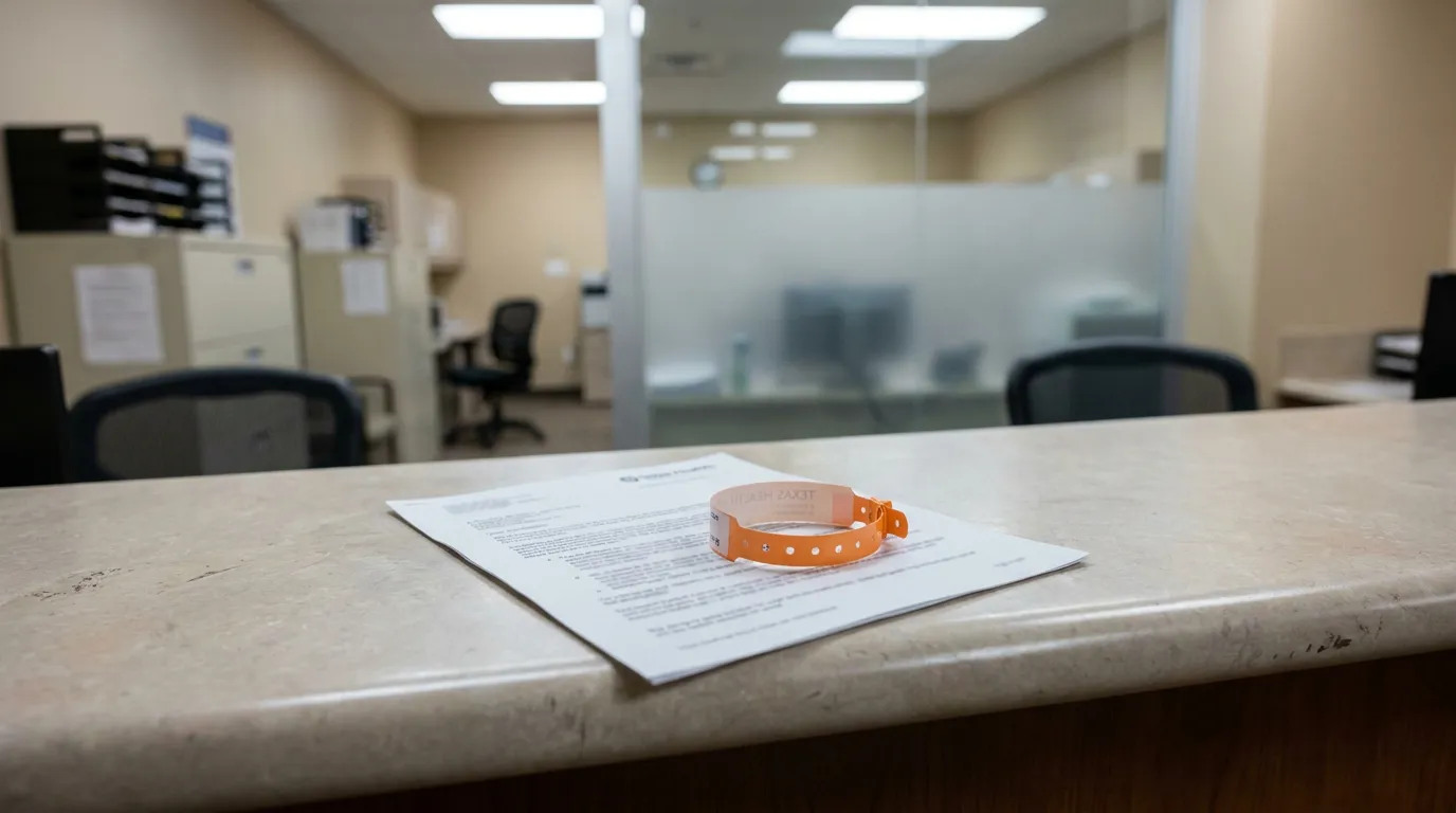 Houston Hospital Lien Document and Patient Wristband Texas Health hospital patient wristband resting on medical document at intake counter